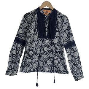 Tory Burch Cotton Boho Peasant Tassel Blouse Womens Size 4 Navy Floral $183